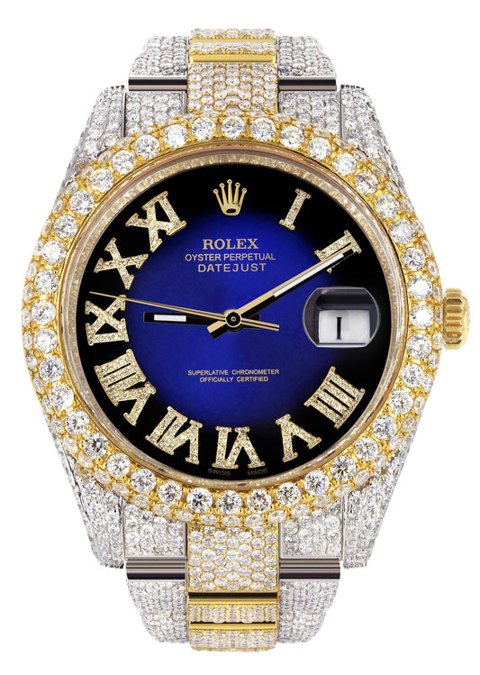 Womens Diamond Iced Out Rolex Datejust 41 | 25 Carats Of Diamonds | Custom Blue Black Roman Numeral Diamond Dial | Two Tone | Two Row | Oyster Band