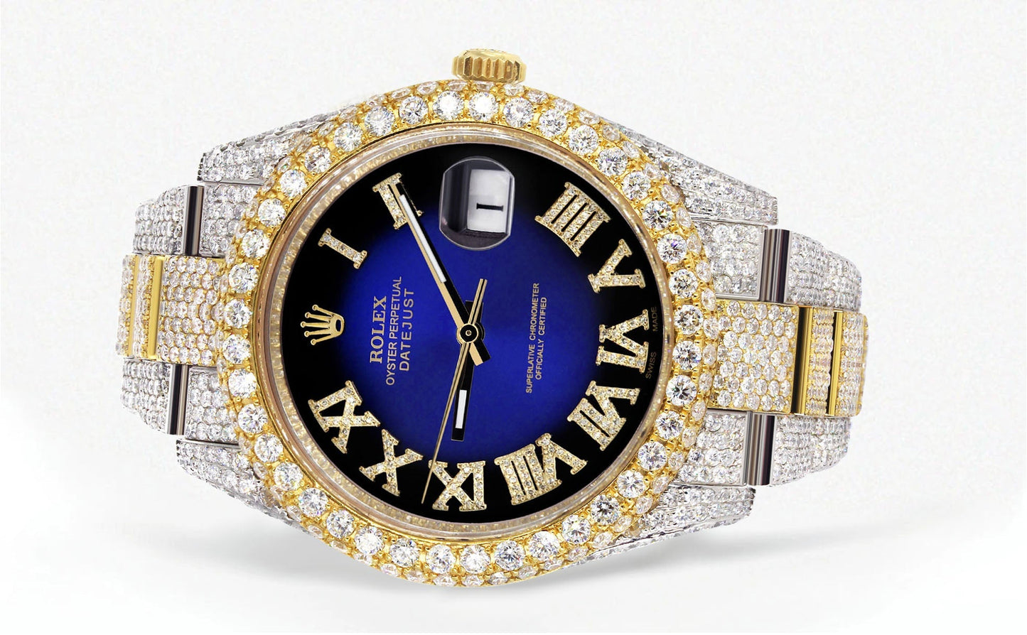 Womens Diamond Iced Out Rolex Datejust 41 | 25 Carats Of Diamonds | Custom Blue Black Roman Numeral Diamond Dial | Two Tone | Two Row | Oyster Band