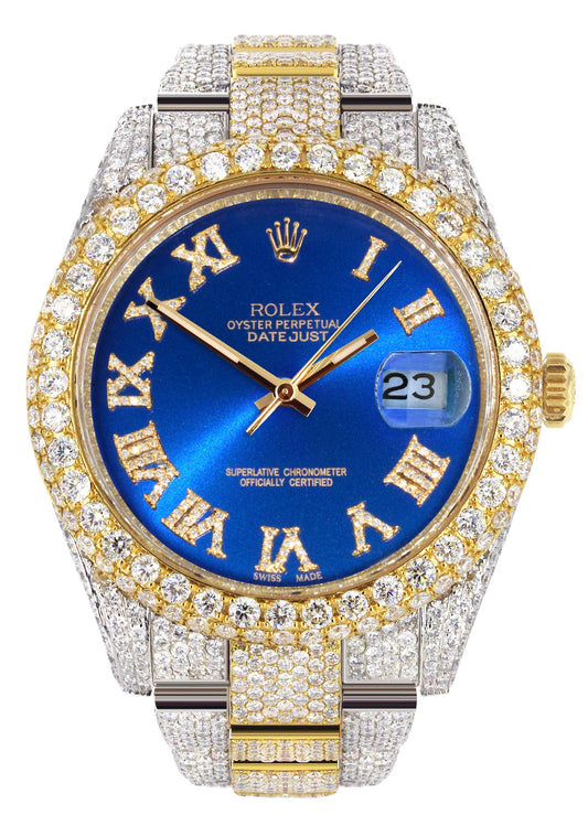 Womens Diamond Iced Out Rolex Datejust 41 | 25 Carats Of Diamonds | Custom Blue Roman Numeral Diamond Dial | Two Tone | Two Row | Oyster Band