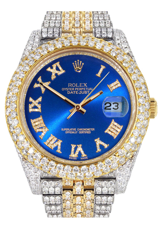 Womens Diamond Iced Out Rolex Datejust 41 | 25 Carats Of Diamonds | Custom Blue Roman Numeral Diamond Dial | Two Tone | Two Row | Jubilee Band