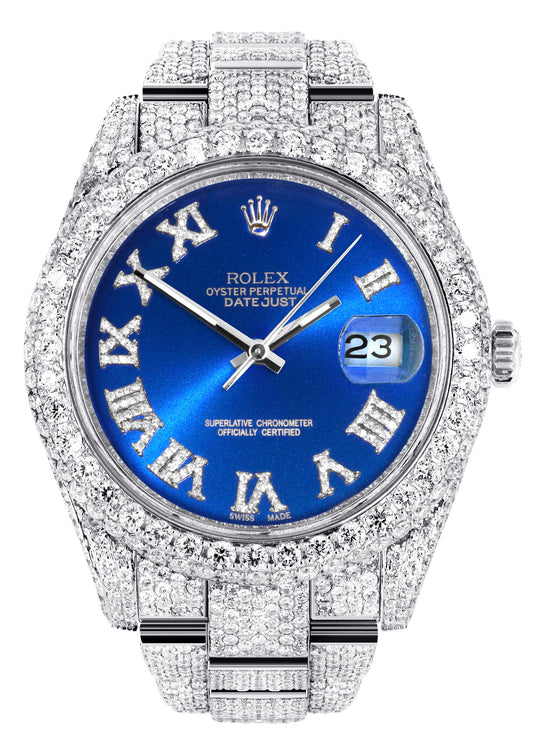 Womens Diamond Iced Out Rolex Datejust 41 | 25 Carats Of Diamonds | Custom Blue Roman Numeral Diamond Dial | Two Row | Oyster Band