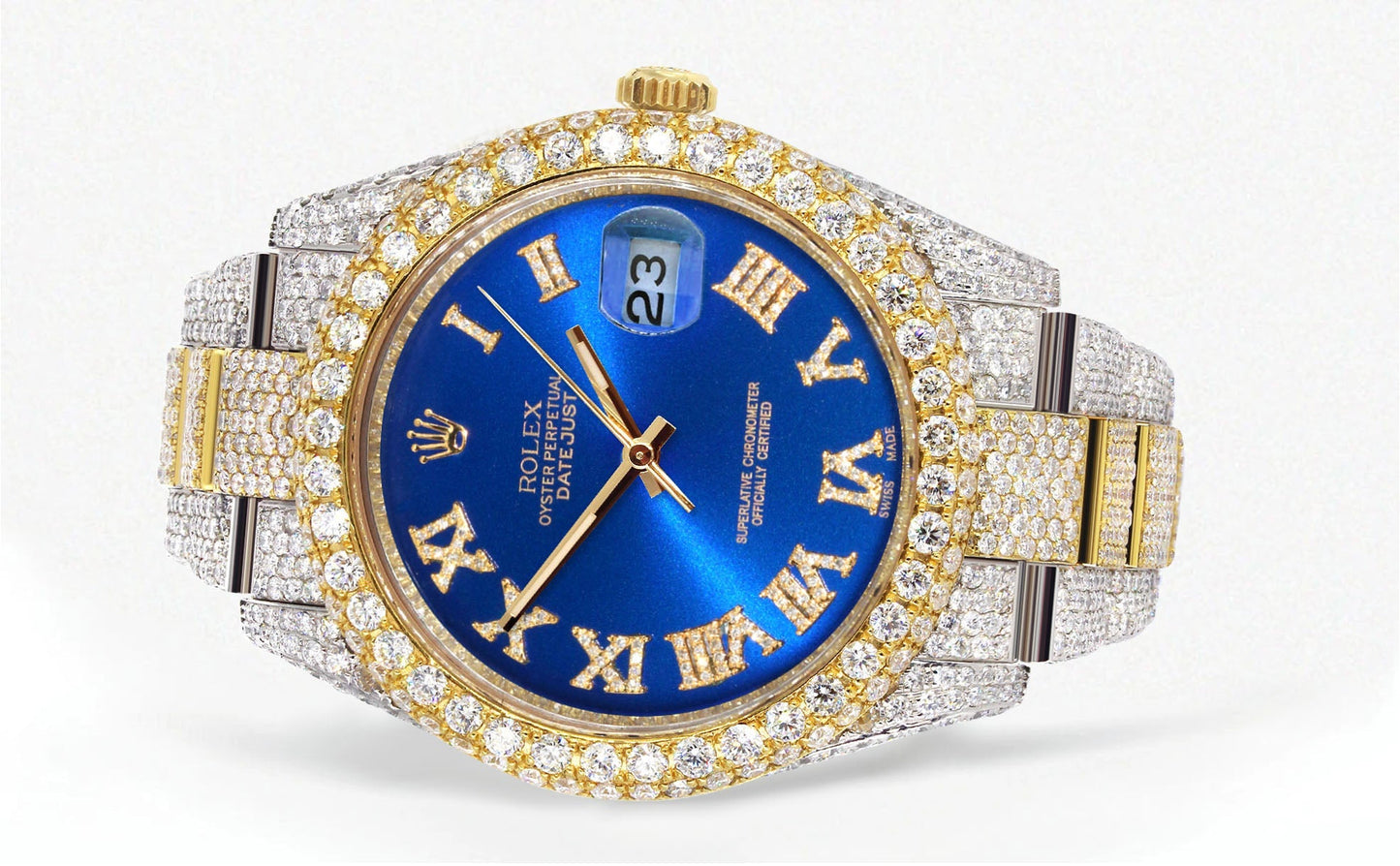 Womens Diamond Iced Out Rolex Datejust 41 | 25 Carats Of Diamonds | Custom Blue Roman Numeral Diamond Dial | Two Tone | Two Row | Oyster Band