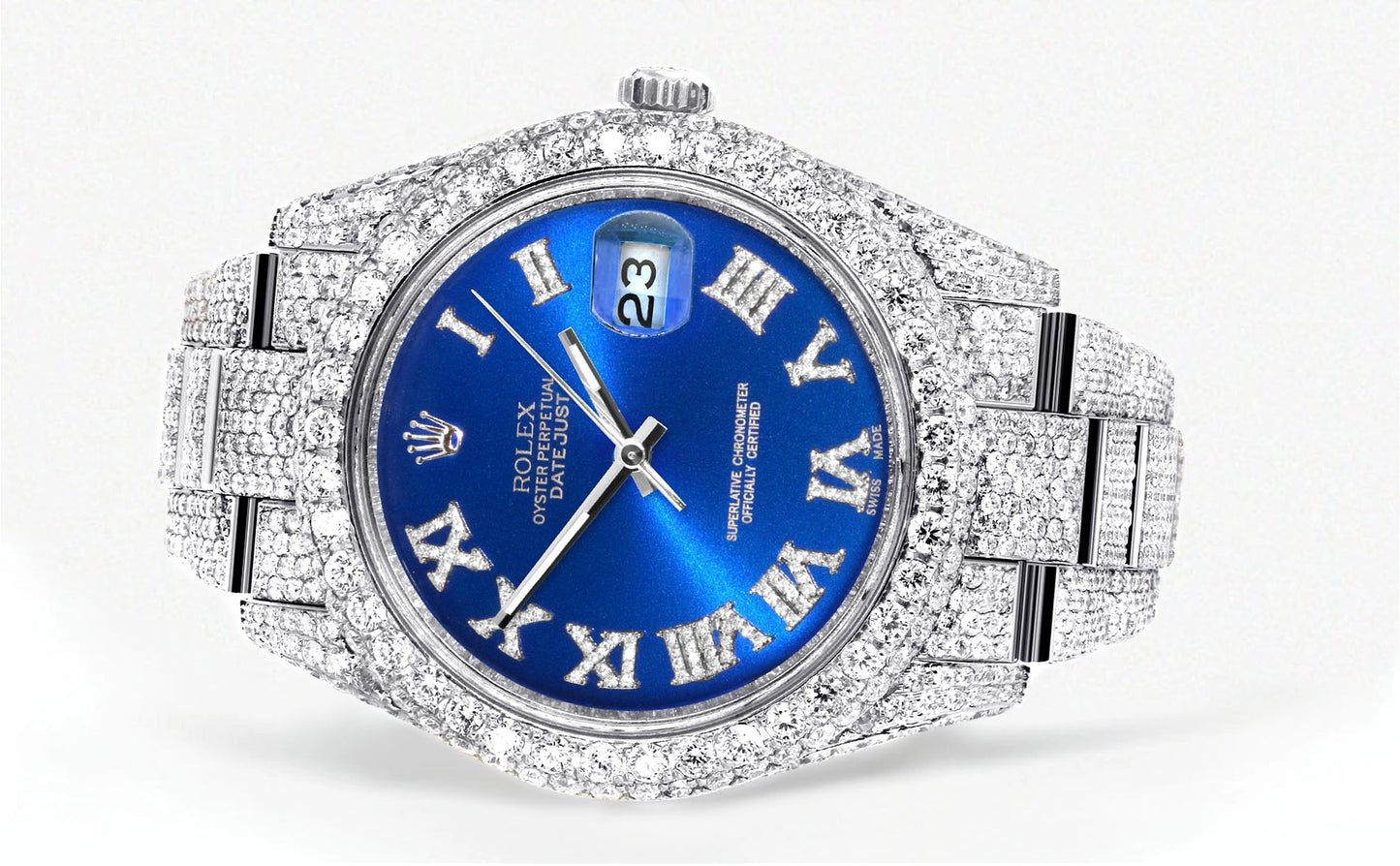 Womens Diamond Iced Out Rolex Datejust 41 | 25 Carats Of Diamonds | Custom Blue Roman Numeral Diamond Dial | Two Row | Oyster Band