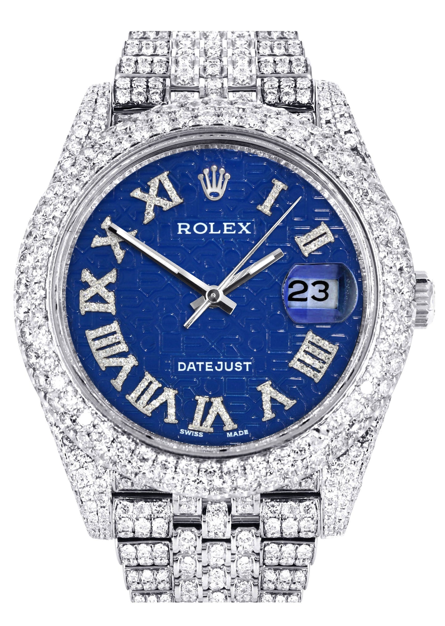 Womens Diamond Iced Out Rolex Datejust 41 | 25 Carats Of Diamonds | Custom Blue Text Pattern Dial | Two Row | Jubilee Band