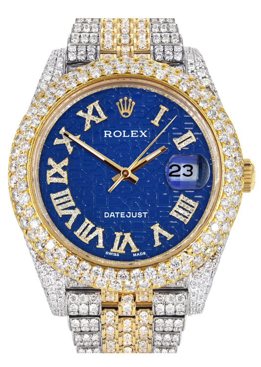 Womens Diamond Iced Out Rolex Datejust 41 | 25 Carats Of Diamonds | Blue Text Pattern Dial | Two Tone | Two Row | Jubilee Band