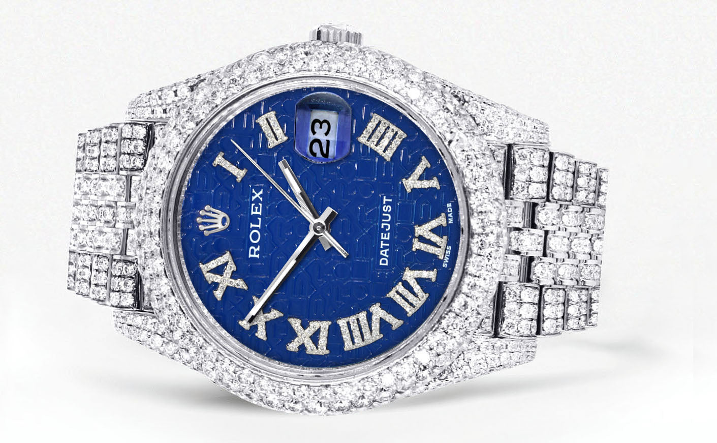 Womens Diamond Iced Out Rolex Datejust 41 | 25 Carats Of Diamonds | Custom Blue Text Pattern Dial | Two Row | Jubilee Band