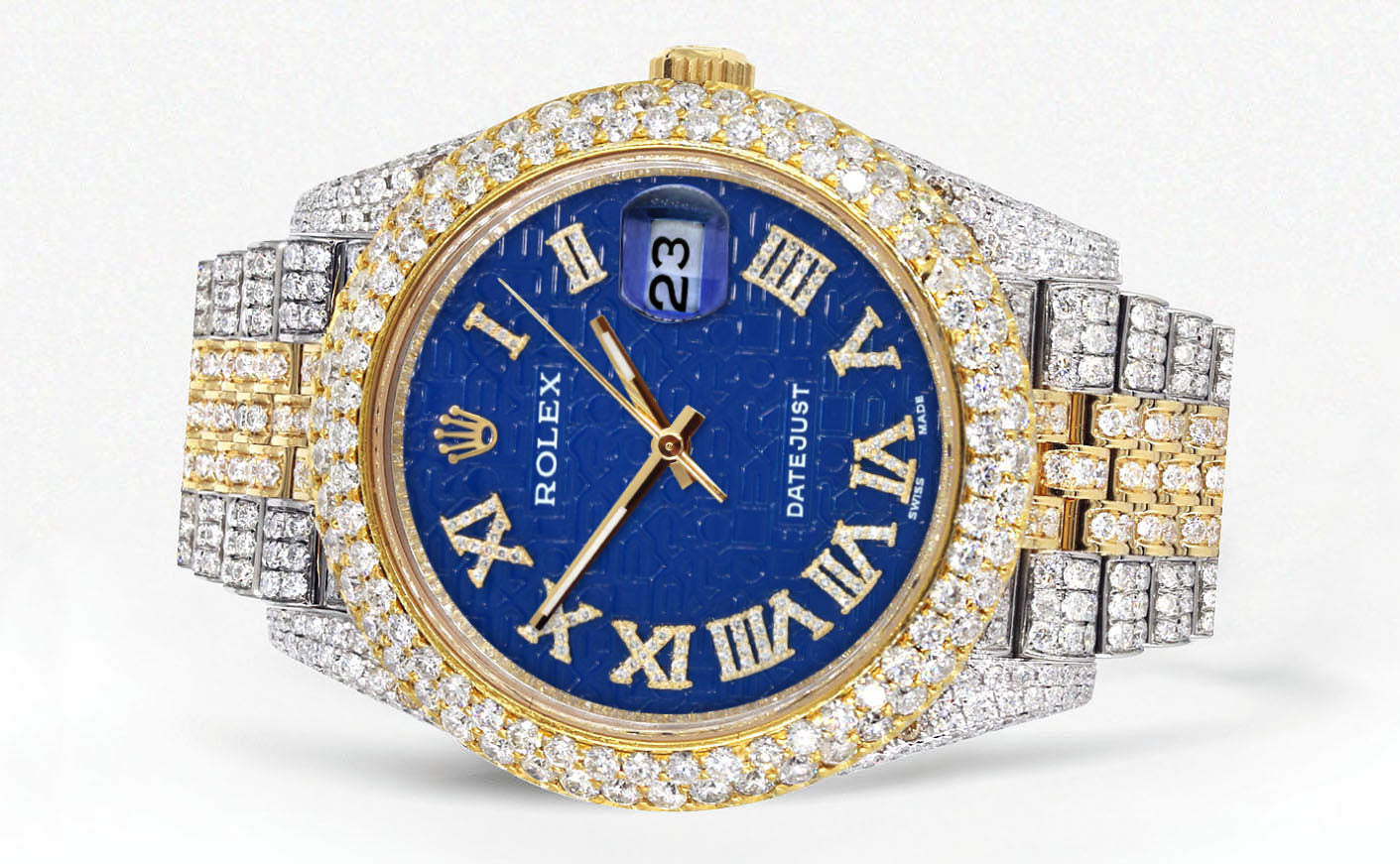 Womens Diamond Iced Out Rolex Datejust 41 | 25 Carats Of Diamonds | Blue Text Pattern Dial | Two Tone | Two Row | Jubilee Band