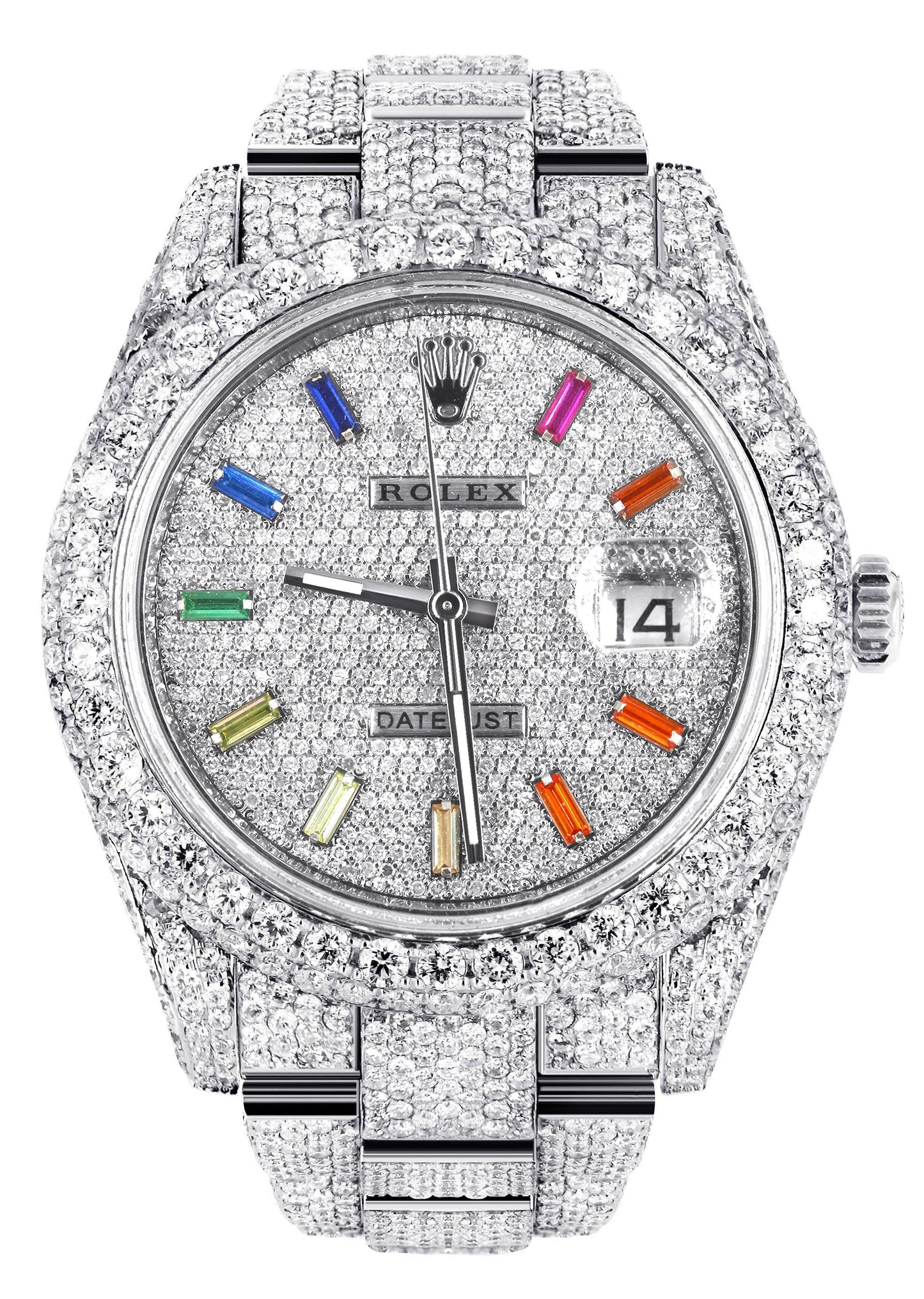 Womens Diamond Iced Out Rolex Datejust 41 | 25 Carats Of Diamonds | Custom Color Baguettes Dial | Two Row | Oyster Band