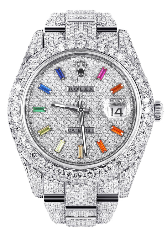 Womens Diamond Iced Out Rolex Datejust 41 | 25 Carats Of Diamonds | Custom Color Baguettes Dial | Two Row | Oyster Band