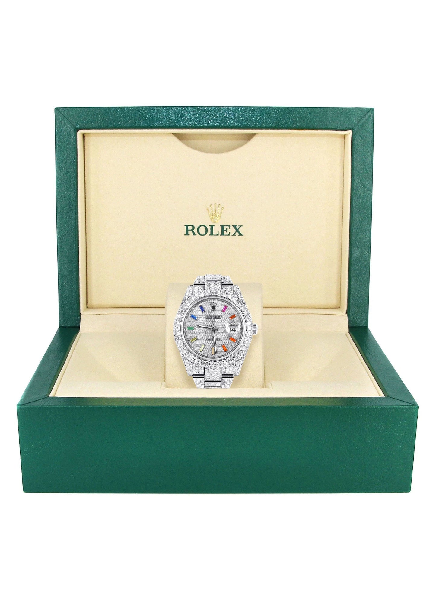 Womens Diamond Iced Out Rolex Datejust 41 | 25 Carats Of Diamonds | Custom Color Baguettes Dial | Two Row | Oyster Band