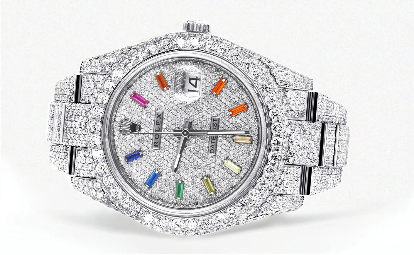 Womens Diamond Iced Out Rolex Datejust 41 | 25 Carats Of Diamonds | Custom Color Baguettes Dial | Two Row | Oyster Band