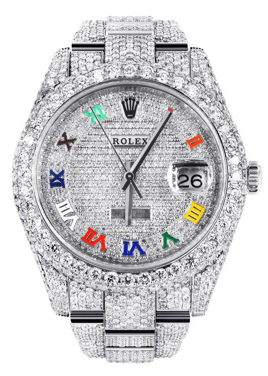 Womens Diamond Iced Out Rolex Datejust 41 | 25 Carats Of Diamonds | Custom Color Roman Dial | Two Row | Oyster Band