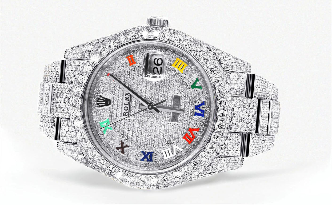 Womens Diamond Iced Out Rolex Datejust 41 | 25 Carats Of Diamonds | Custom Color Roman Dial | Two Row | Oyster Band