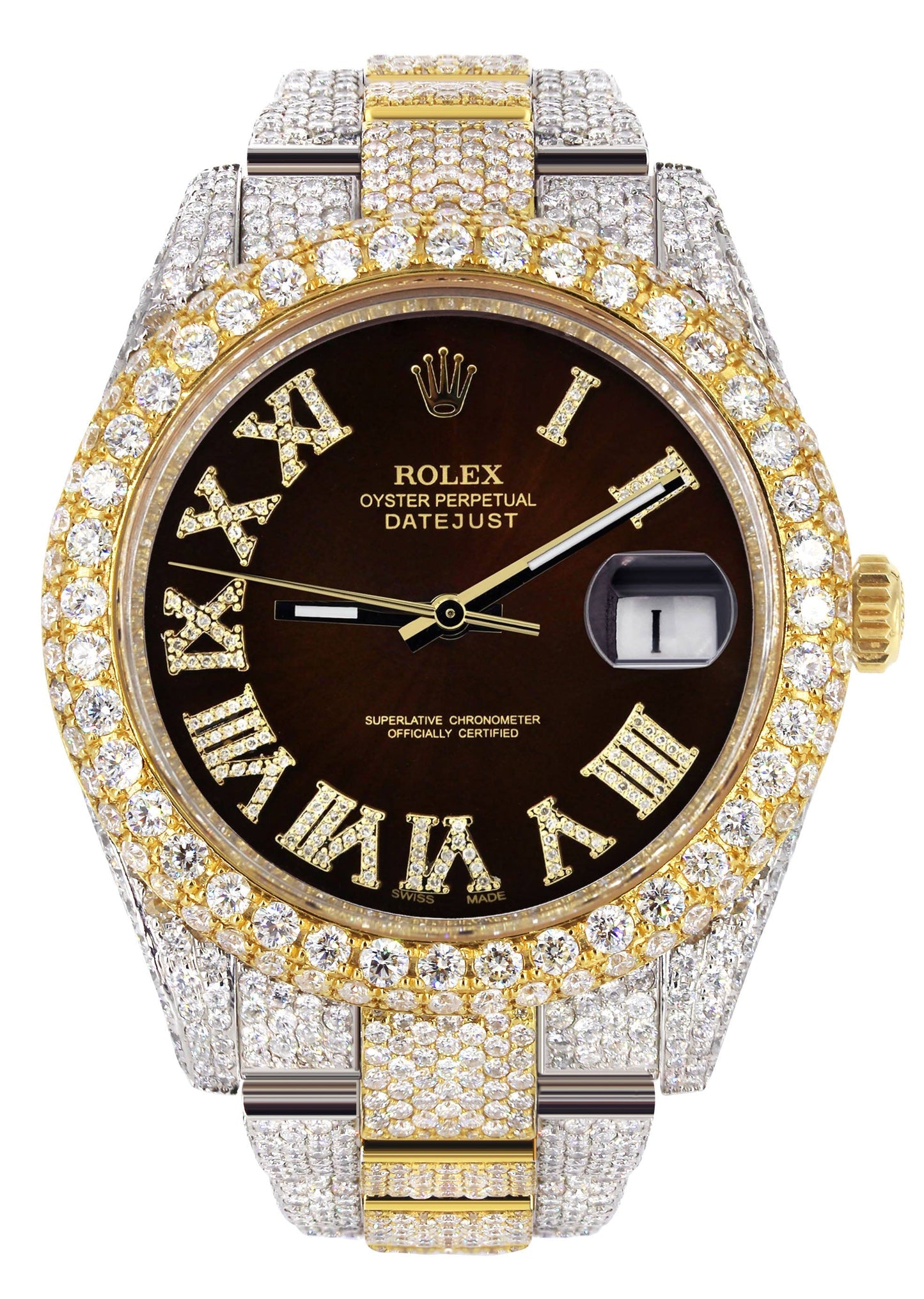 Womens Diamond Iced Out Rolex Datejust 41 | 25 Carats Of Diamonds | Custom Dark Brown Roman Numeral Diamond Dial | Two Tone | Two Row | Oyster Band