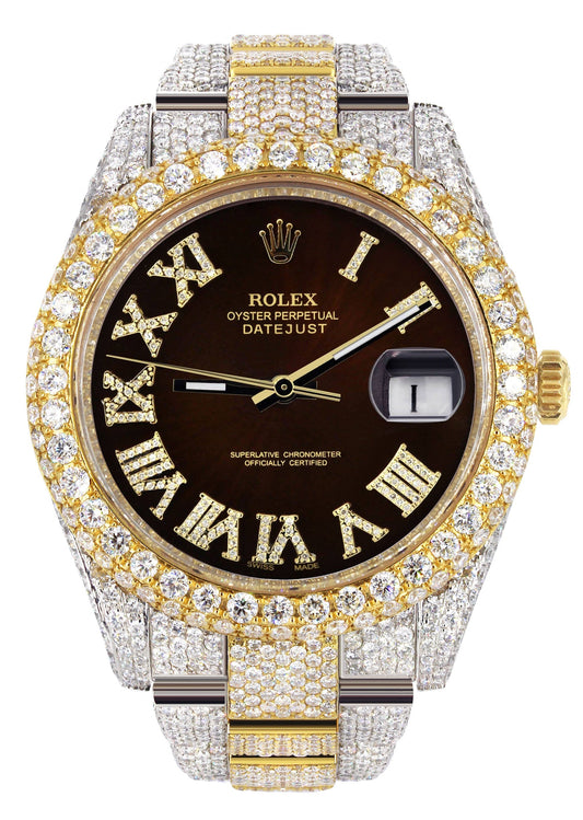 Womens Diamond Iced Out Rolex Datejust 41 | 25 Carats Of Diamonds | Custom Dark Brown Roman Numeral Diamond Dial | Two Tone | Two Row | Oyster Band