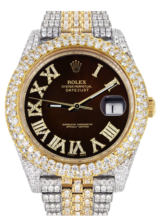 Womens Diamond Iced Out Rolex Datejust 41 | 25 Carats Of Diamonds | Custom Dark Chocolate Roman Numeral Diamond Dial | Two Tone | Two Row | Jubilee Band