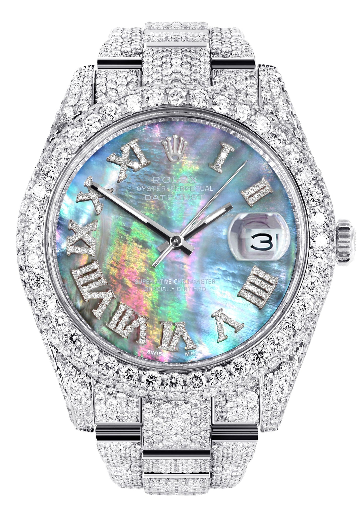 Womens Diamond Iced Out Rolex Datejust 41 | 25 Carats Of Diamonds | Abalone Mother of Pearl Dial | Two Row | Oyster Band