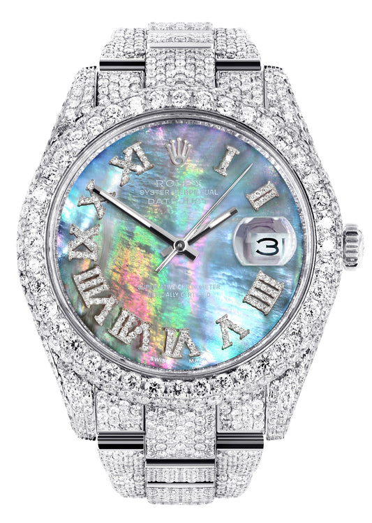 Womens Diamond Iced Out Rolex Datejust 41 | 25 Carats Of Diamonds | Abalone Mother of Pearl Dial | Two Row | Oyster Band