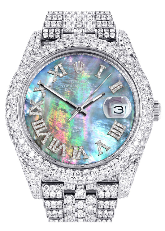 Womens Diamond Iced Out Rolex Datejust 41 | 25 Carats Of Diamonds | Abalone Mother Of Pearl Dial | Two Row | Jubilee Band