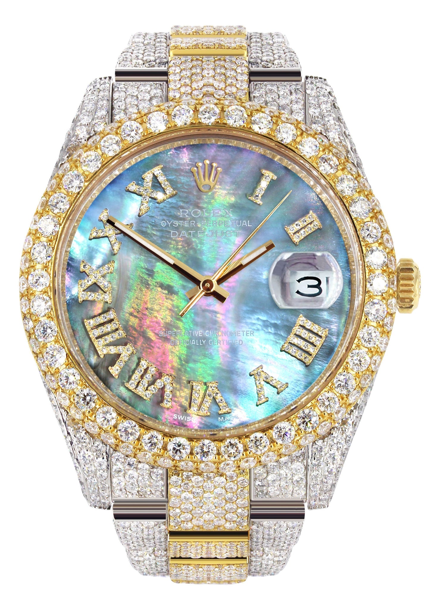 Womens Diamond Iced Out Rolex Datejust 41 | 25 Carats Of Diamonds | Abalone Mother Of Pearl Dial | Two Tone | Two Row | Oyster Band