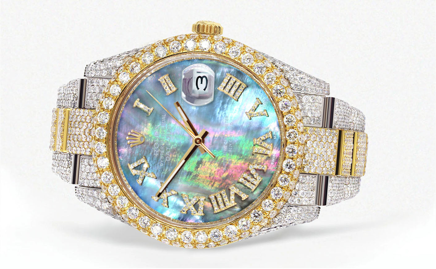 Womens Diamond Iced Out Rolex Datejust 41 | 25 Carats Of Diamonds | Abalone Mother Of Pearl Dial | Two Tone | Two Row | Oyster Band