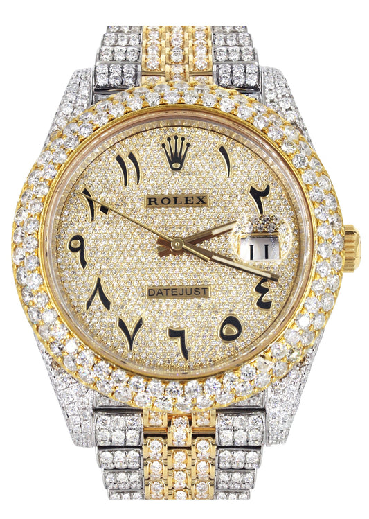 Womens Diamond Iced Out Rolex Datejust 41 | 25 Carats Of Diamonds | Custom Gold Arabic Numeral Diamond Dial | Two Tone | Two Row | Jubilee Band
