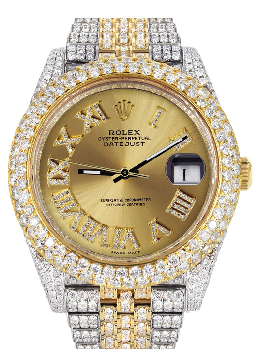 Womens Diamond Iced Out Rolex Datejust 41 | 25 Carats Of Diamonds | Custom Gold Roman Numeral Diamond Dial | Two Tone | Two Row | Jubilee Band