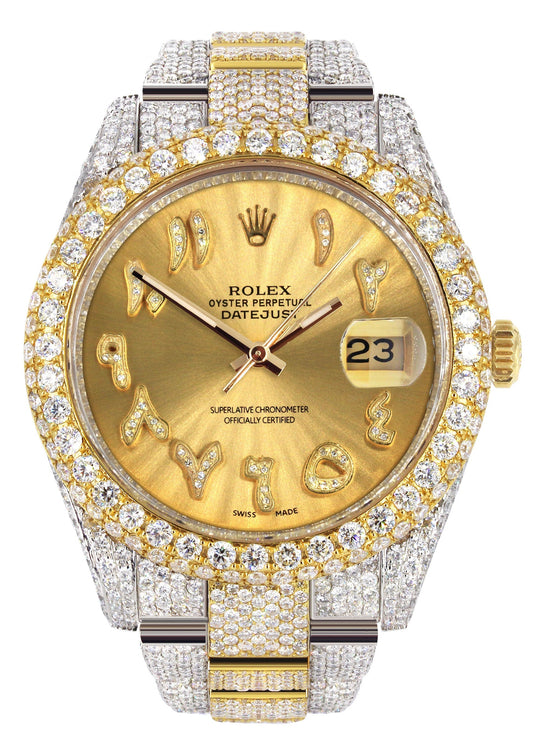 Womens Diamond Iced Out Rolex Datejust 41 | 25 Carats Of Diamonds | Custom Gold Arabic Numeral Diamond Dial | Two Tone | Two Row | Oyster Band