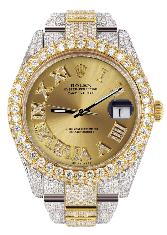 Womens Diamond Iced Out Rolex Datejust 41 | 25 Carats Of Diamonds | Custom Gold Roman Numeral Diamond Dial | Two Tone | Two Row | Oyster Band
