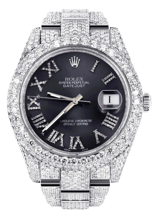 Womens Diamond Iced Out Rolex Datejust 41 | 25 Carats Of Diamonds | Custom Grey Roman Numeral Diamond Dial | Two Row | Oyster Band