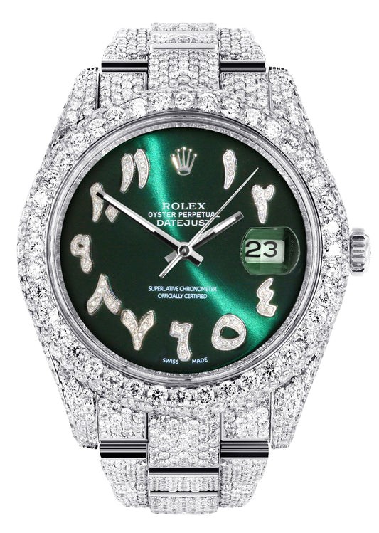 Womens Diamond Iced Out Rolex Datejust 41 | 25 Carats Of Diamonds | Custom Green Arabic Numeral Diamond Dial | Two Row | Oyster Band