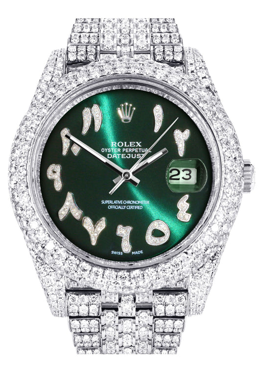 Womens Diamond Iced Out Rolex Datejust 41 | 25 Carats Of Diamonds | Custom Green Arabic Numeral Diamond Dial | Two Row | Jubilee Band