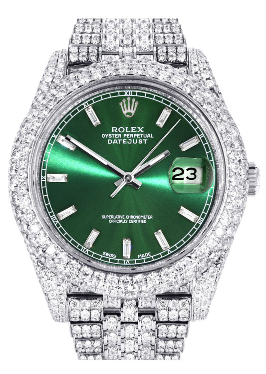 Womens Diamond Iced Out Rolex Datejust 41 | 25 Carats Of Diamonds | Custom Green Diamond Dial | Two Row | Jubilee Band