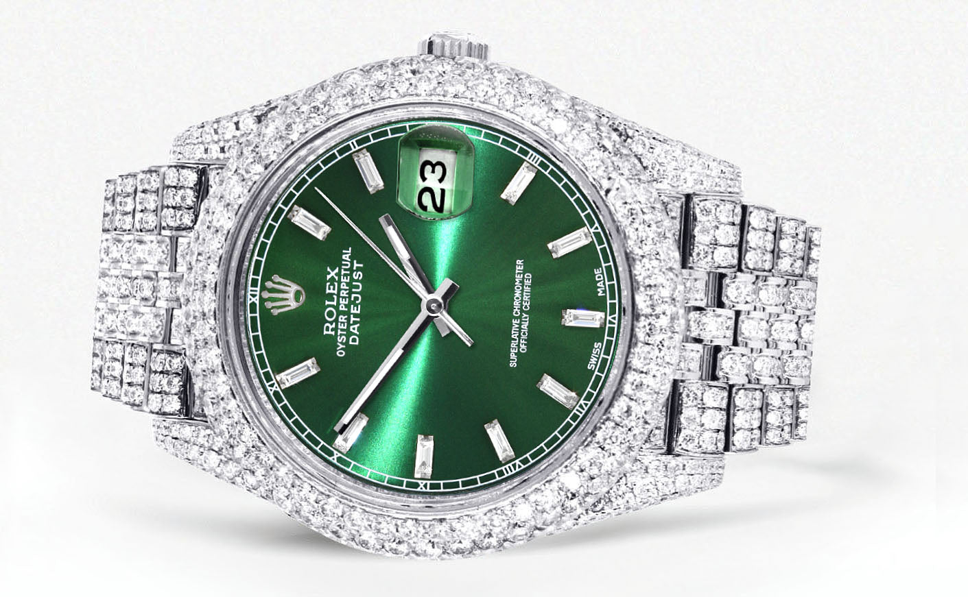 Womens Diamond Iced Out Rolex Datejust 41 | 25 Carats Of Diamonds | Custom Green Diamond Dial | Two Row | Jubilee Band