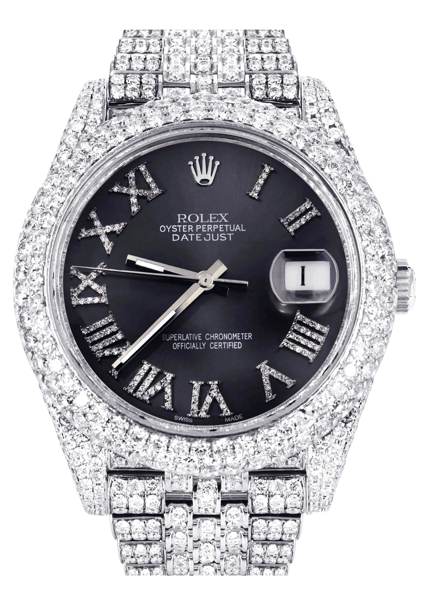 Womens Diamond Iced Out Rolex Datejust 41 | 25 Carats Of Diamonds | Custom Grey Roman Numeral Diamond Dial | Two Row | Jubilee Band