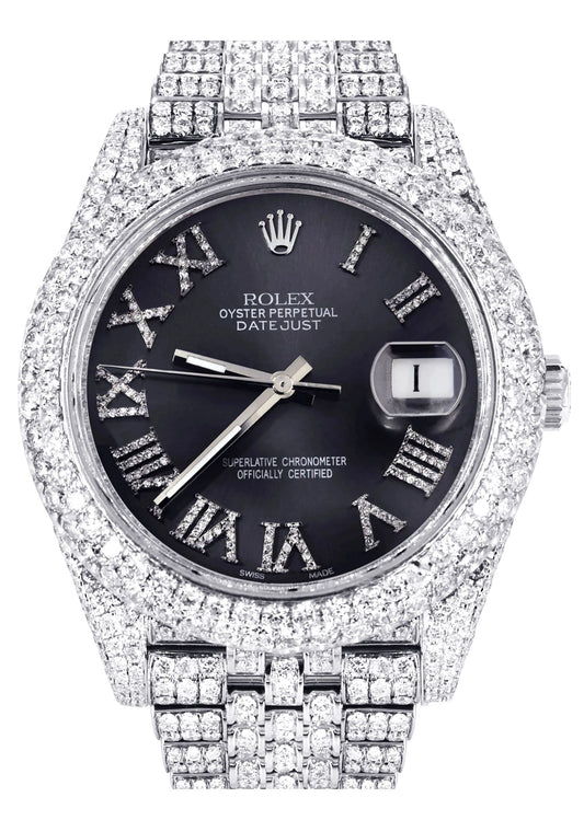 Womens Diamond Iced Out Rolex Datejust 41 | 25 Carats Of Diamonds | Custom Grey Roman Numeral Diamond Dial | Two Row | Jubilee Band