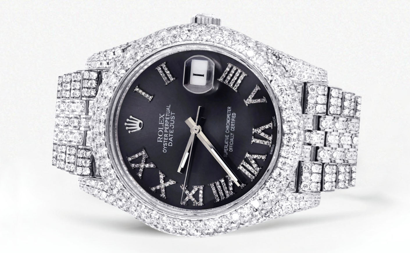 Womens Diamond Iced Out Rolex Datejust 41 | 25 Carats Of Diamonds | Custom Grey Roman Numeral Diamond Dial | Two Row | Jubilee Band