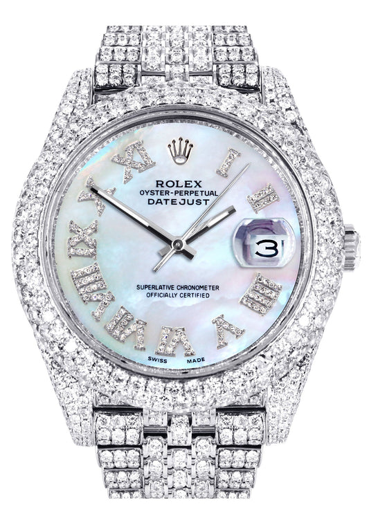 Womens Diamond Iced Out Rolex Datejust 41 | 25 Carats Of Diamonds | Custom Mother Of Pearl Dial | Two Row | Jubilee Band