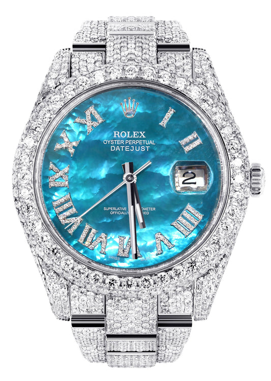Womens Diamond Iced Out Rolex Datejust 41 | 25 Carats Of Diamonds | Aquamarine Mother of Pearl Dial | Two Row | Oyster Band