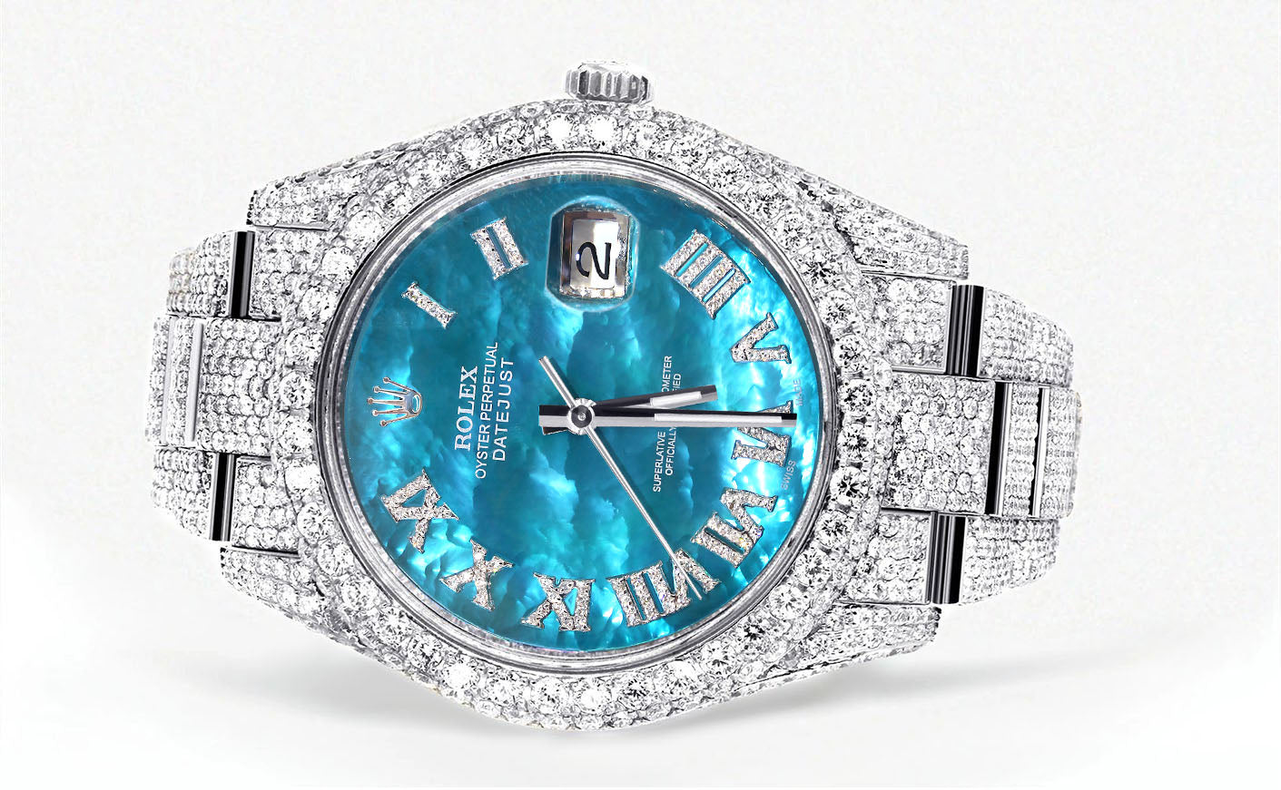 Womens Diamond Iced Out Rolex Datejust 41 | 25 Carats Of Diamonds | Aquamarine Mother of Pearl Dial | Two Row | Oyster Band