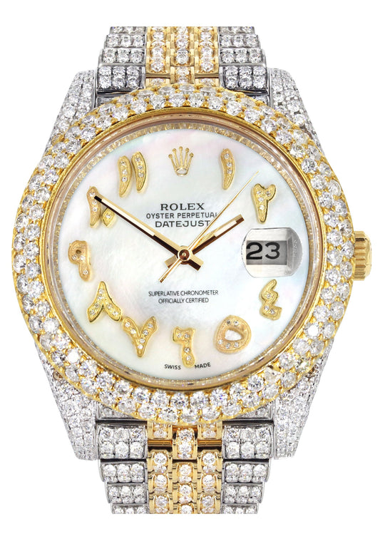 Womens Diamond Iced Out Rolex Datejust 41 | 25 Carats Of Diamonds | Custom Mother of Pearl Arabic Numeral Diamond Dial | Two Tone | Two Row | Jubilee Band