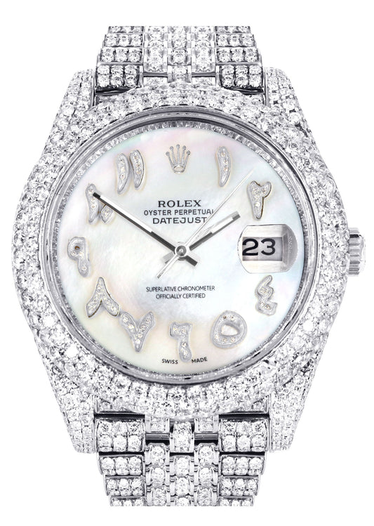 Womens Diamond Iced Out Rolex Datejust 41 | 25 Carats Of Diamonds | Custom Mother of Pearl Arabic Numeral Diamond Dial | Two Row | Jubilee Band
