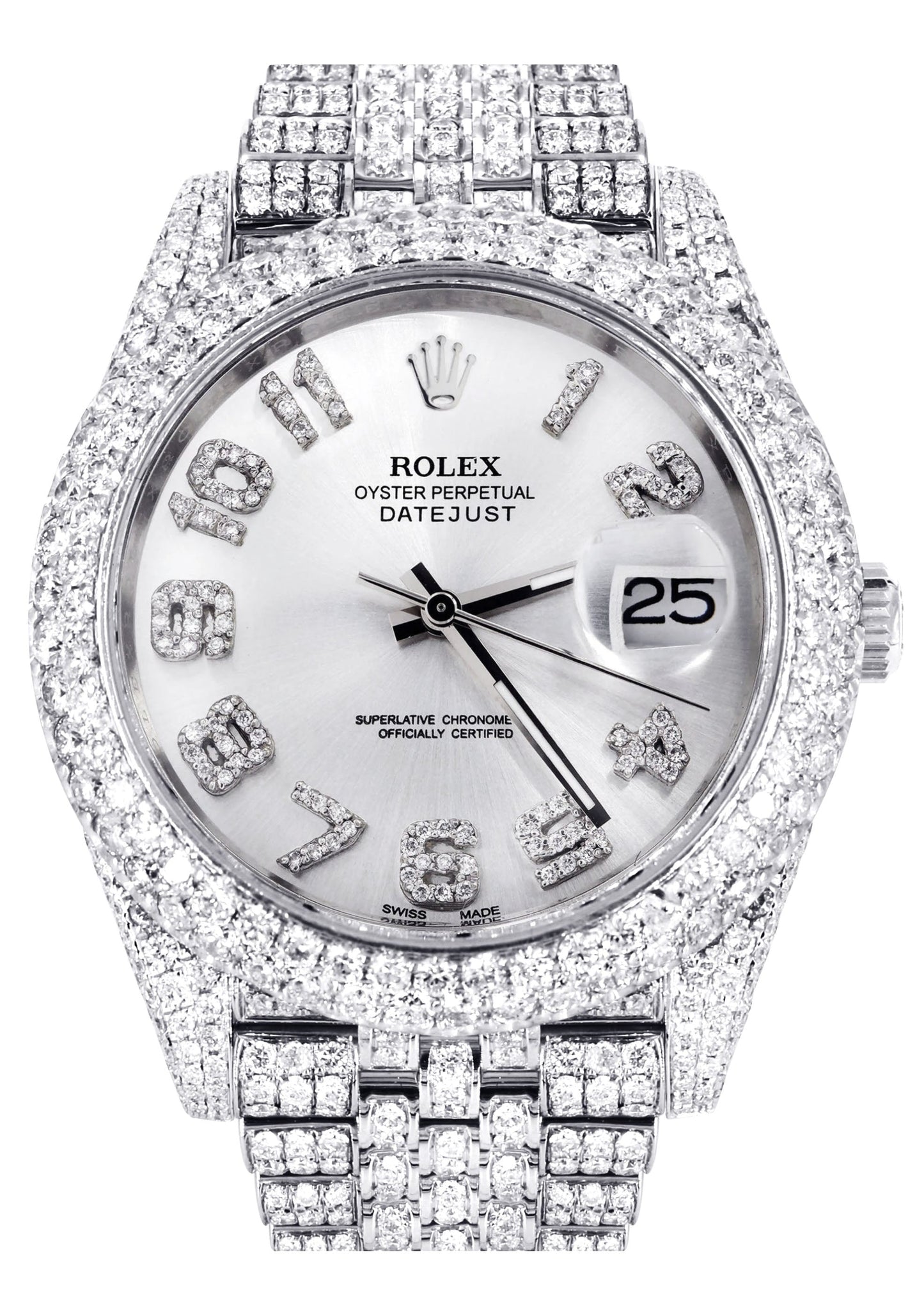 Womens Diamond Iced Out Rolex Datejust 41 | 25 Carats Of Diamonds | Custom Silver Diamond Dial | Two Row | Jubilee Band