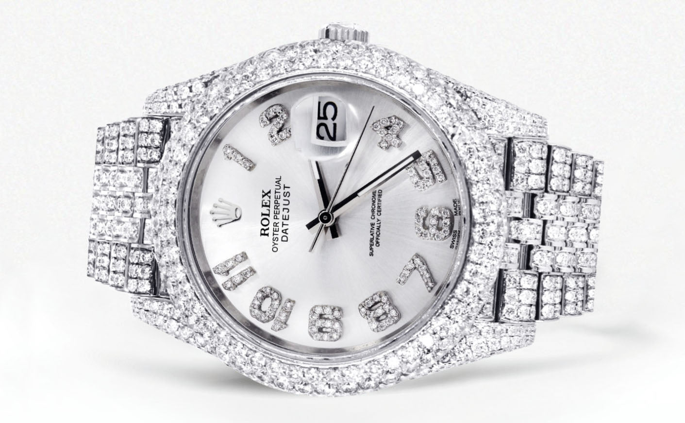 Womens Diamond Iced Out Rolex Datejust 41 | 25 Carats Of Diamonds | Custom Silver Diamond Dial | Two Row | Jubilee Band