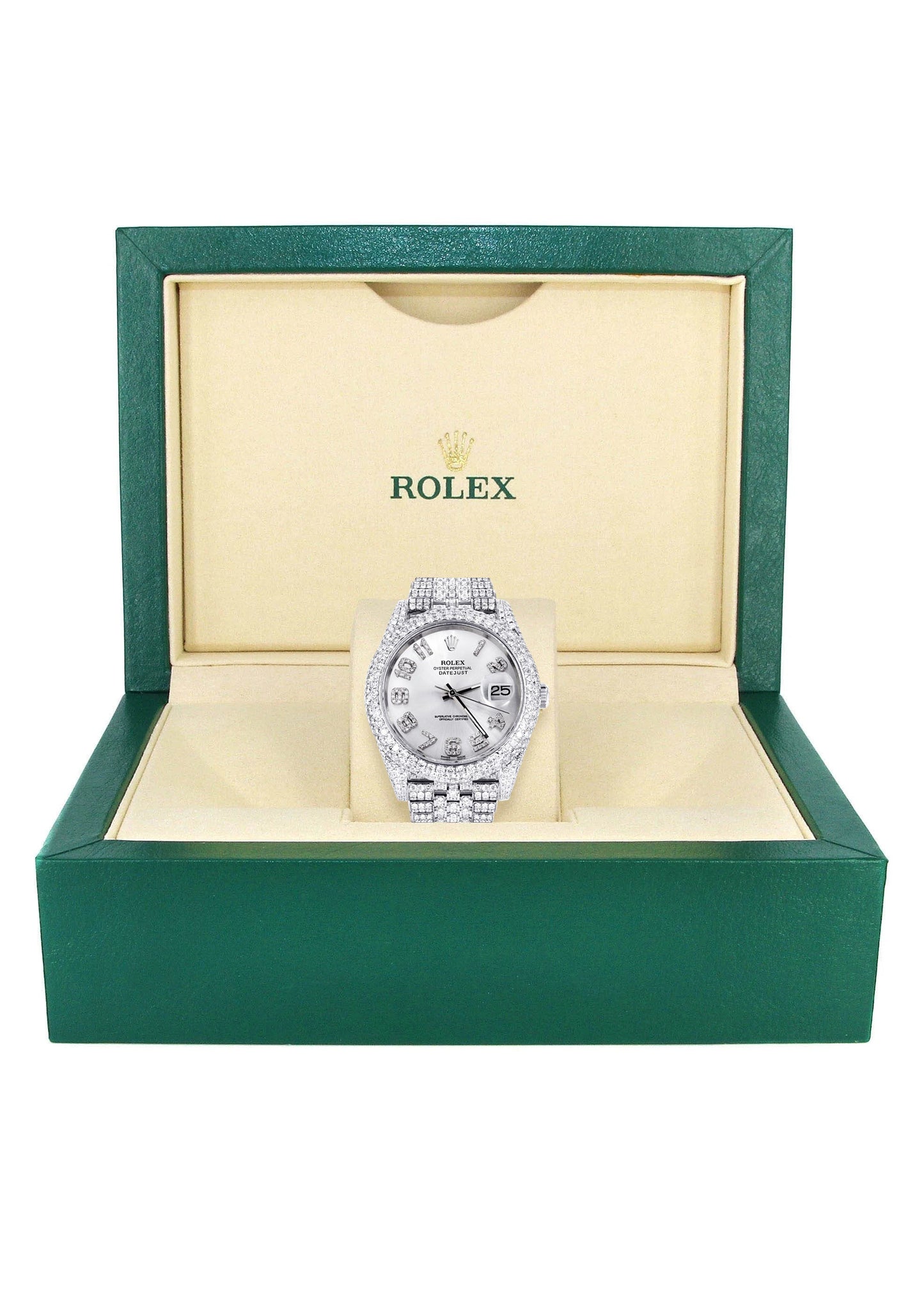 Womens Diamond Iced Out Rolex Datejust 41 | 25 Carats Of Diamonds | Custom Silver Diamond Dial | Two Row | Jubilee Band
