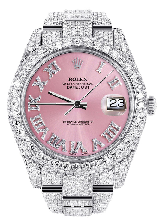 Womens Diamond Iced Out Rolex Datejust 41 | 25 Carats Of Diamonds | Custom Pink Roman Numeral Diamond Dial | Two Row | Oyster Band