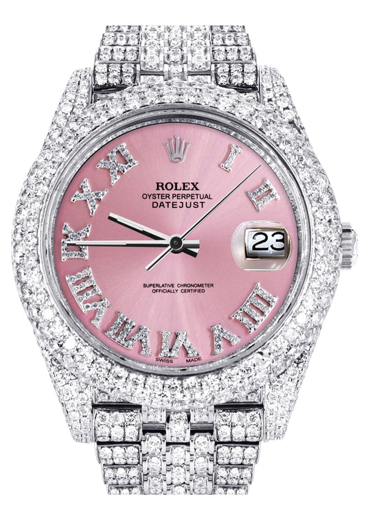 Womens Diamond Iced Out Rolex Datejust 41 | 25 Carats Of Diamonds | Custom Pink Roman Numeral Diamond Dial | Two Row | Jubilee Band