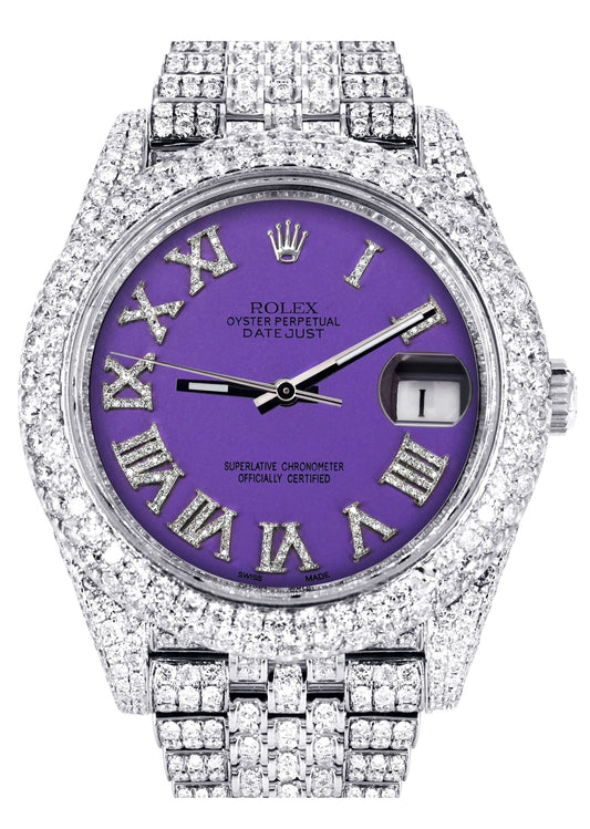 Womens Diamond Iced Out Rolex Datejust 41 | 25 Carats Of Diamonds | Custom Purple Roman Numeral Diamond Dial | Two Row | Jubilee Band