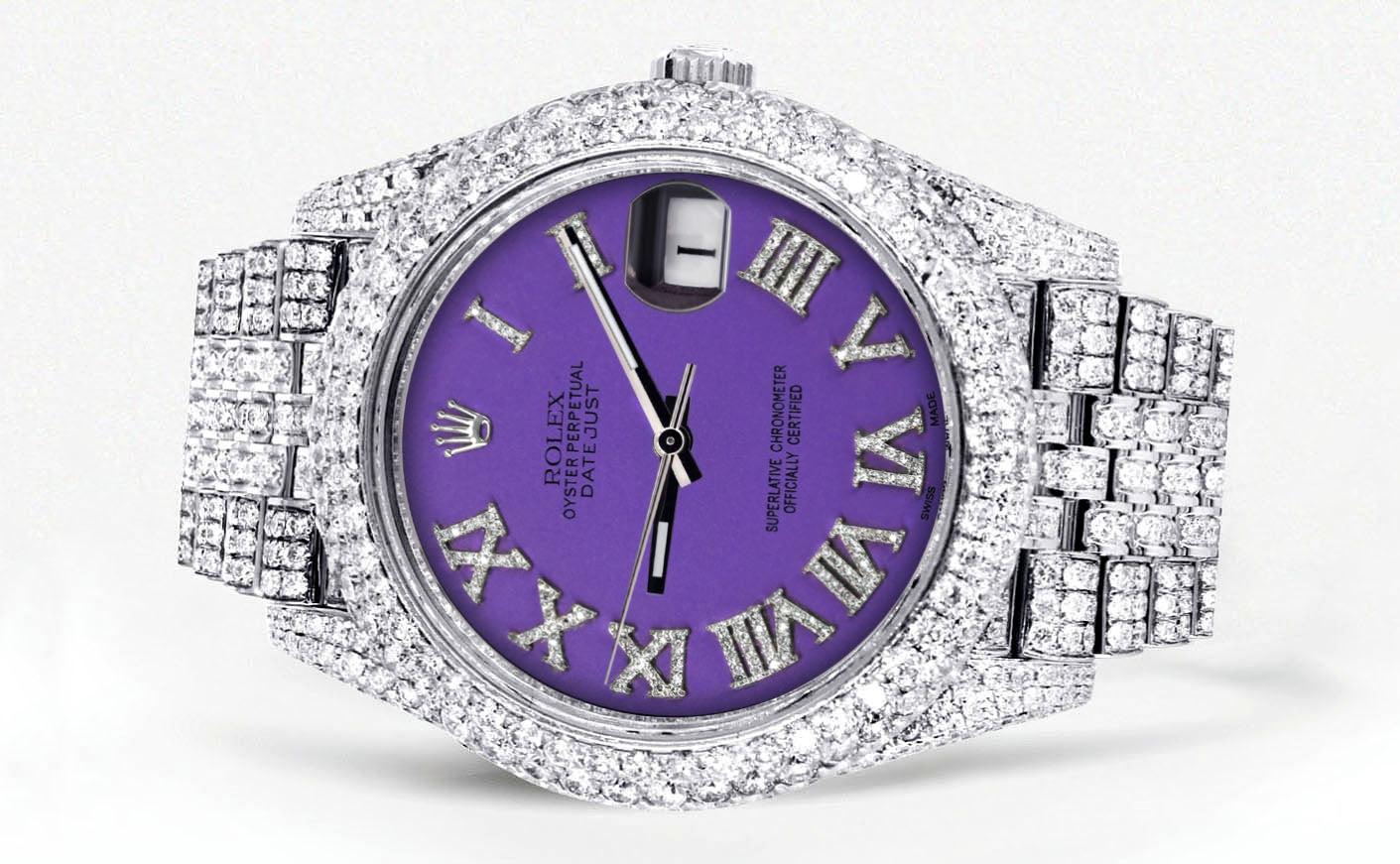 Womens Diamond Iced Out Rolex Datejust 41 | 25 Carats Of Diamonds | Custom Purple Roman Numeral Diamond Dial | Two Row | Jubilee Band