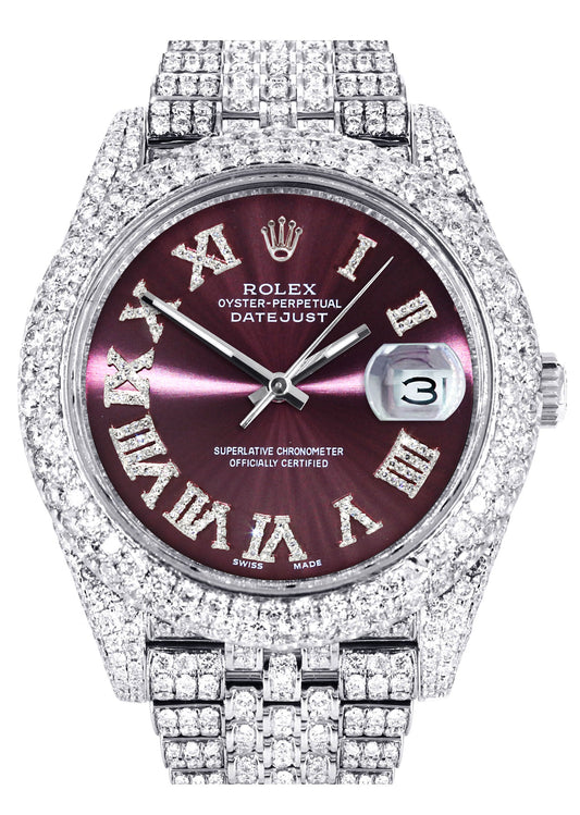Womens Diamond Iced Out Rolex Datejust 41 | 25 Carats Of Diamonds | Custom Purple Dial | Two Row | Jubilee Band
